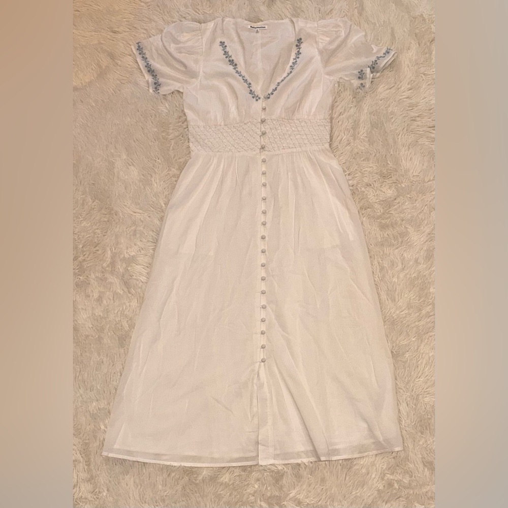 NEW REFORMATION Kamryn Embroidered Smocked Waist Organic Cotton Blend Midi Sz 8 - Picture 3 of 10